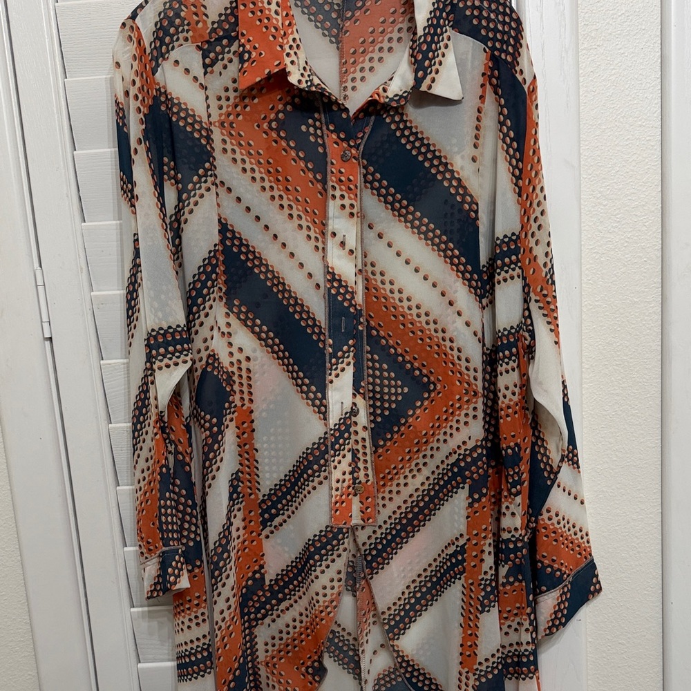 Womens Geometric Chevron Tunic Shirt in Navy & Rust✨2X